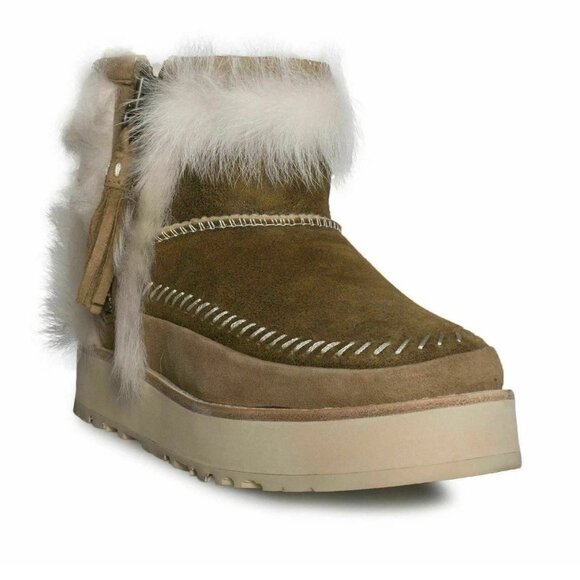 UGG FLUFF PUNK BOOT CHESTNUT LEATHER SHEEPSKIN STITCH MINI BOOTS SIZE US 5 NEW - Picture 1 of 4